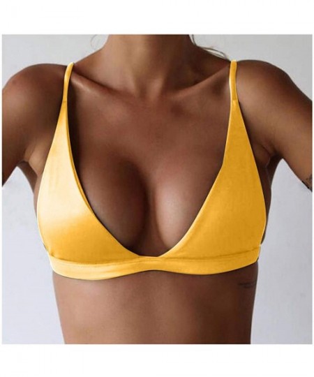 Sets Women Deep V-Neck Push-Up Padded Bikini Top Bandeau Swimwear Bra Swimsuit Solid Sexy Strap Beachwear - Yellow - CC18OQI7LTX