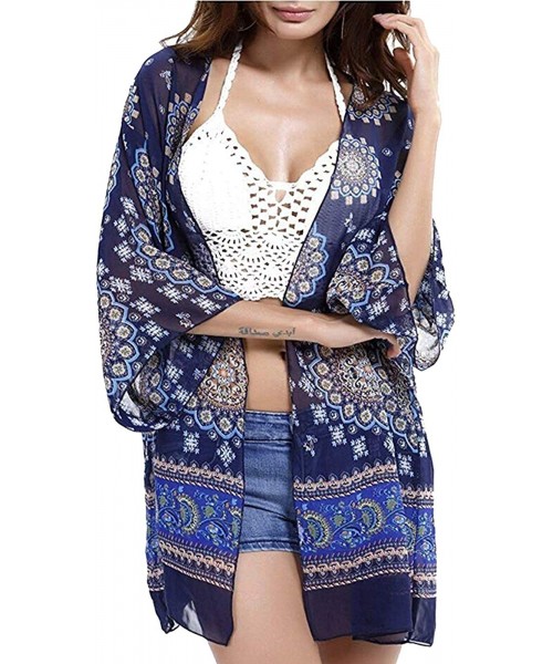 Cover-Ups Women's Floral Print Kimonos Loose Tops Half Sleeve Shawl Chiffon Cardigan Blouses Casual Beach Cover Ups F navy - ...