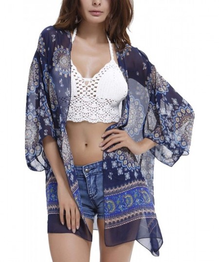 Cover-Ups Women's Floral Print Kimonos Loose Tops Half Sleeve Shawl Chiffon Cardigan Blouses Casual Beach Cover Ups F navy - ...