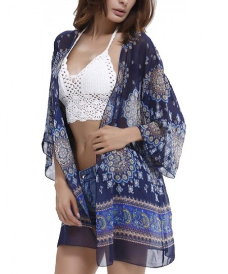 Cover-Ups Women's Floral Print Kimonos Loose Tops Half Sleeve Shawl Chiffon Cardigan Blouses Casual Beach Cover Ups F navy - ...