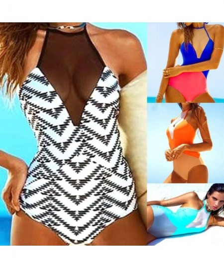 Tops Women One Piece Swimsuit High Neck Mesh Monokini Swimwear Retro High Cut Low Back One Piece Swimwear Bathing Suits - 1 S...