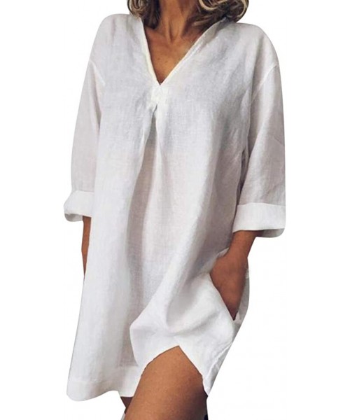 Cover-Ups Summer V Neck Long Sleeved Daily Wear Loose Dress Beach Cover up for Women - White - C918RK393ZH