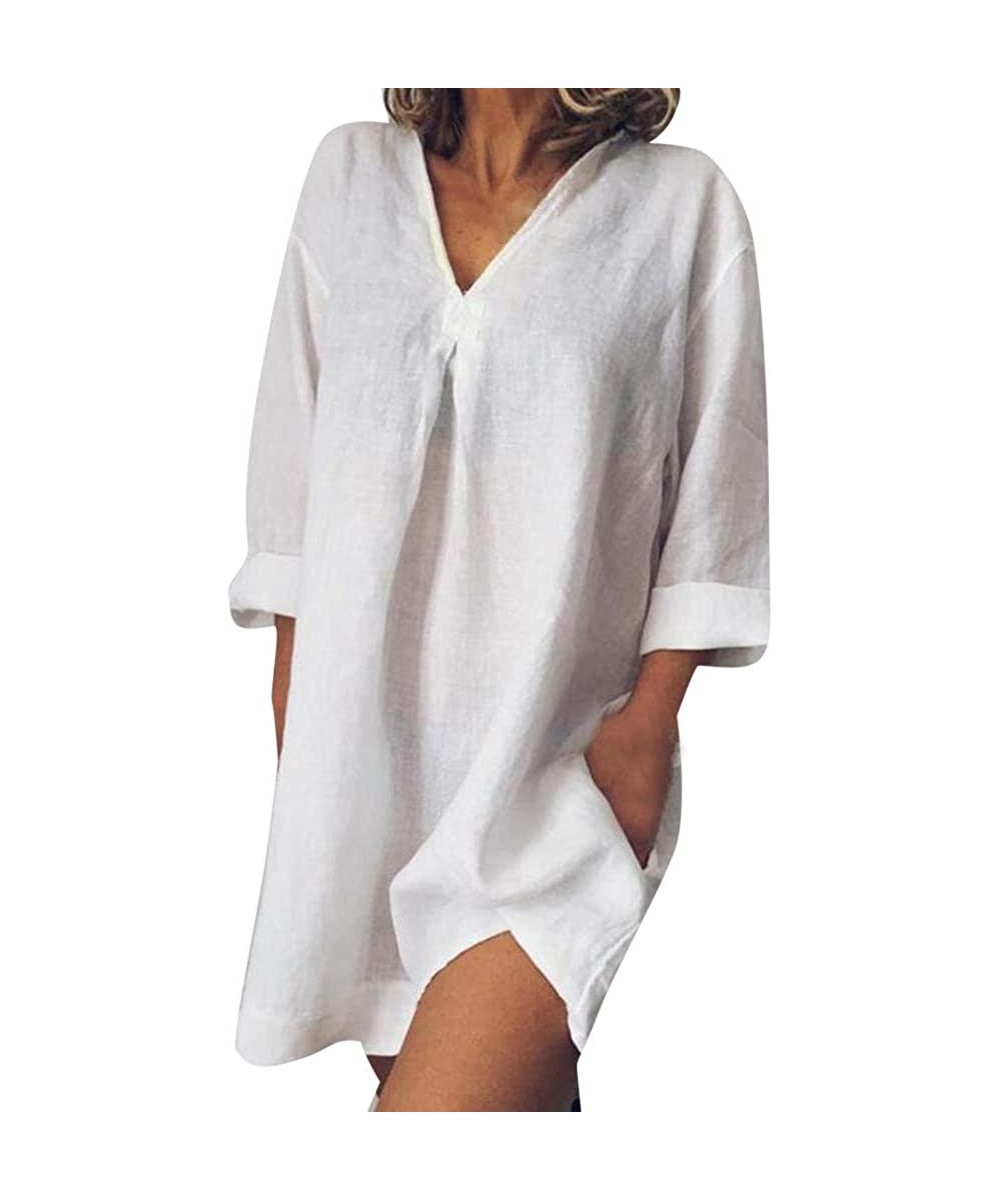 Cover-Ups Summer V Neck Long Sleeved Daily Wear Loose Dress Beach Cover up for Women - White - C918RK393ZH