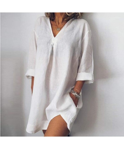 Cover-Ups Summer V Neck Long Sleeved Daily Wear Loose Dress Beach Cover up for Women - White - C918RK393ZH