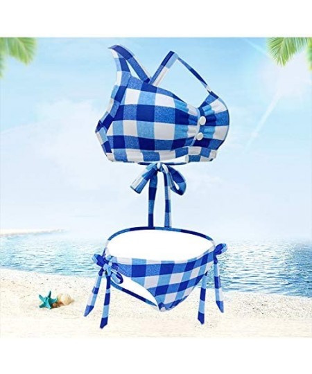 Racing Women Two Piece Cross Stripe Bikini Checkered Striped high Waist Button Embellished Moulded Tankini Swimwear Multi b -...