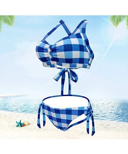 Racing Women Two Piece Cross Stripe Bikini Checkered Striped high Waist Button Embellished Moulded Tankini Swimwear Multi b -...