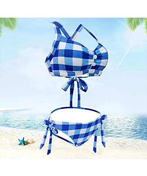 Racing Women Two Piece Cross Stripe Bikini Checkered Striped high Waist Button Embellished Moulded Tankini Swimwear Multi b -...