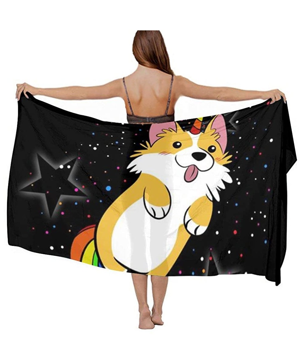 Cover-Ups Women Chiffon Scarf Shawl Wrap Sunscreen Beach Swimsuit Bikini Cover Up Galaxy Space Rainbow Unicorn Corgi Dog Blac...