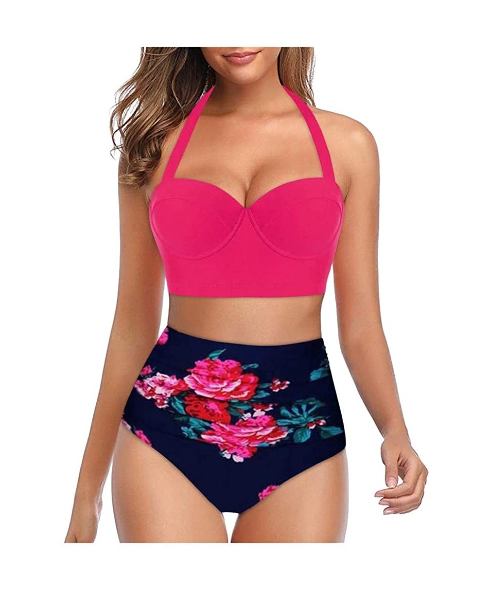 Sets Women Sunflower Print Vintage High Waisted Bathing Suits Bikini Set - Hot Pink - CQ196IUWD6N