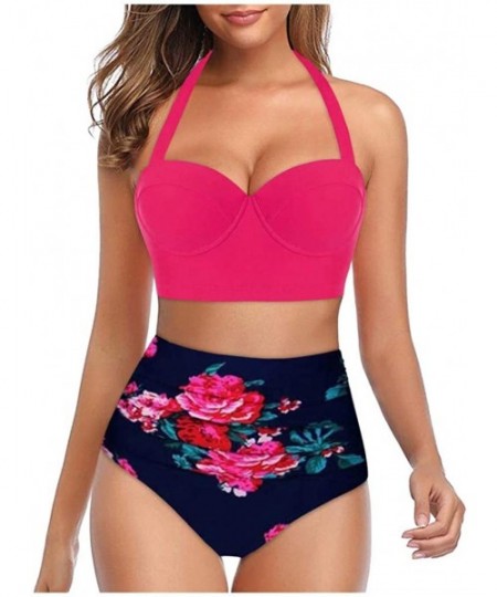 Sets Women Sunflower Print Vintage High Waisted Bathing Suits Bikini Set - Hot Pink - CQ196IUWD6N