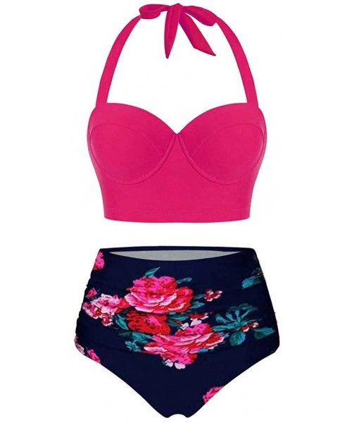 Sets Women Sunflower Print Vintage High Waisted Bathing Suits Bikini Set - Hot Pink - CQ196IUWD6N