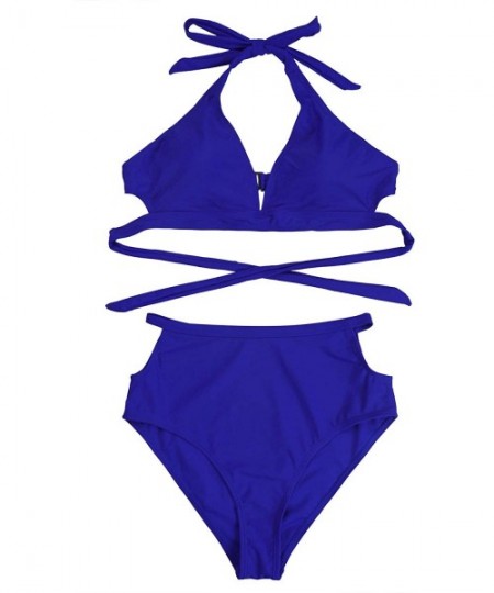 Sets Women Two Piece Bikini Sets Swimsuits Hanging Neck Swimwear - Blue - C7190ZI944T