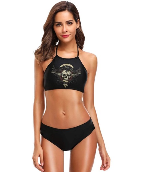 Sets Skull Rose Bikini Swimsuit Womens High Neck Halter Two Piece Bathing Suit - CL18QN4AMNY