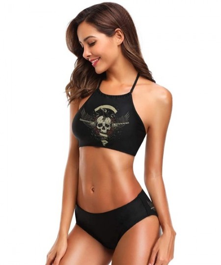 Sets Skull Rose Bikini Swimsuit Womens High Neck Halter Two Piece Bathing Suit - CL18QN4AMNY