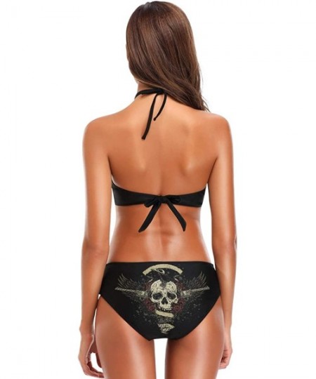 Sets Skull Rose Bikini Swimsuit Womens High Neck Halter Two Piece Bathing Suit - CL18QN4AMNY