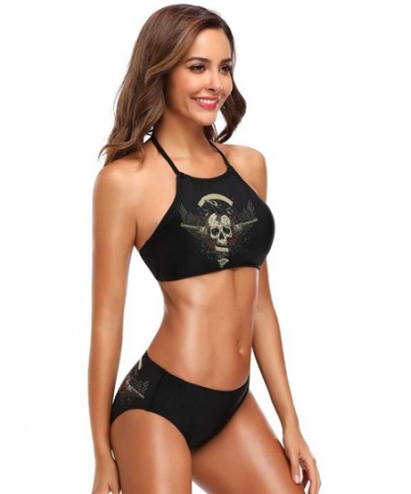 Sets Skull Rose Bikini Swimsuit Womens High Neck Halter Two Piece Bathing Suit - CL18QN4AMNY