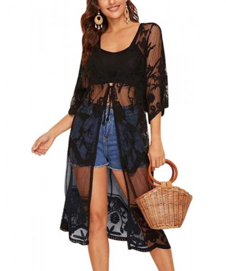 Cover-Ups Women's Lace Cardigan Floral Crochet Sheer Beach Cover Ups Long Kimono - Black - CO192QSWSLX