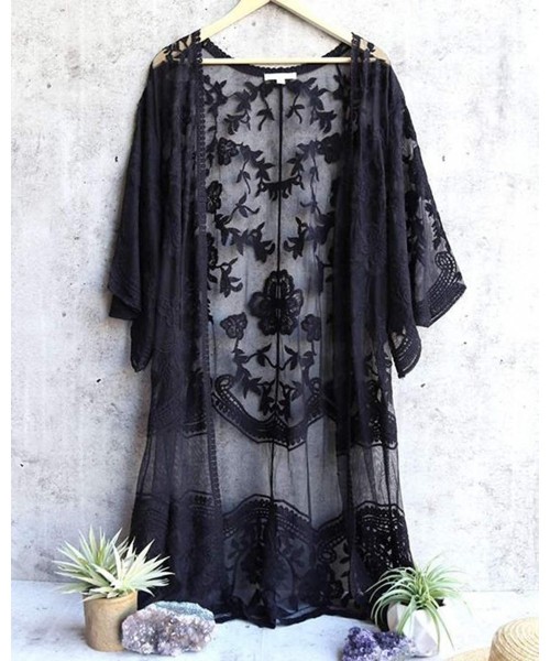 Cover-Ups Women's Lace Cardigan Floral Crochet Sheer Beach Cover Ups Long Kimono - Black - CO192QSWSLX