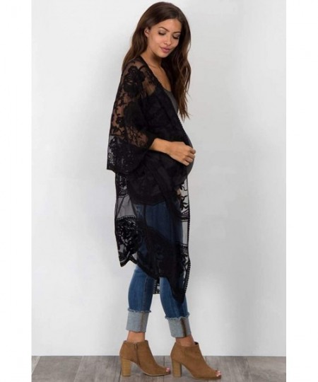 Cover-Ups Women's Lace Cardigan Floral Crochet Sheer Beach Cover Ups Long Kimono - Black - CO192QSWSLX