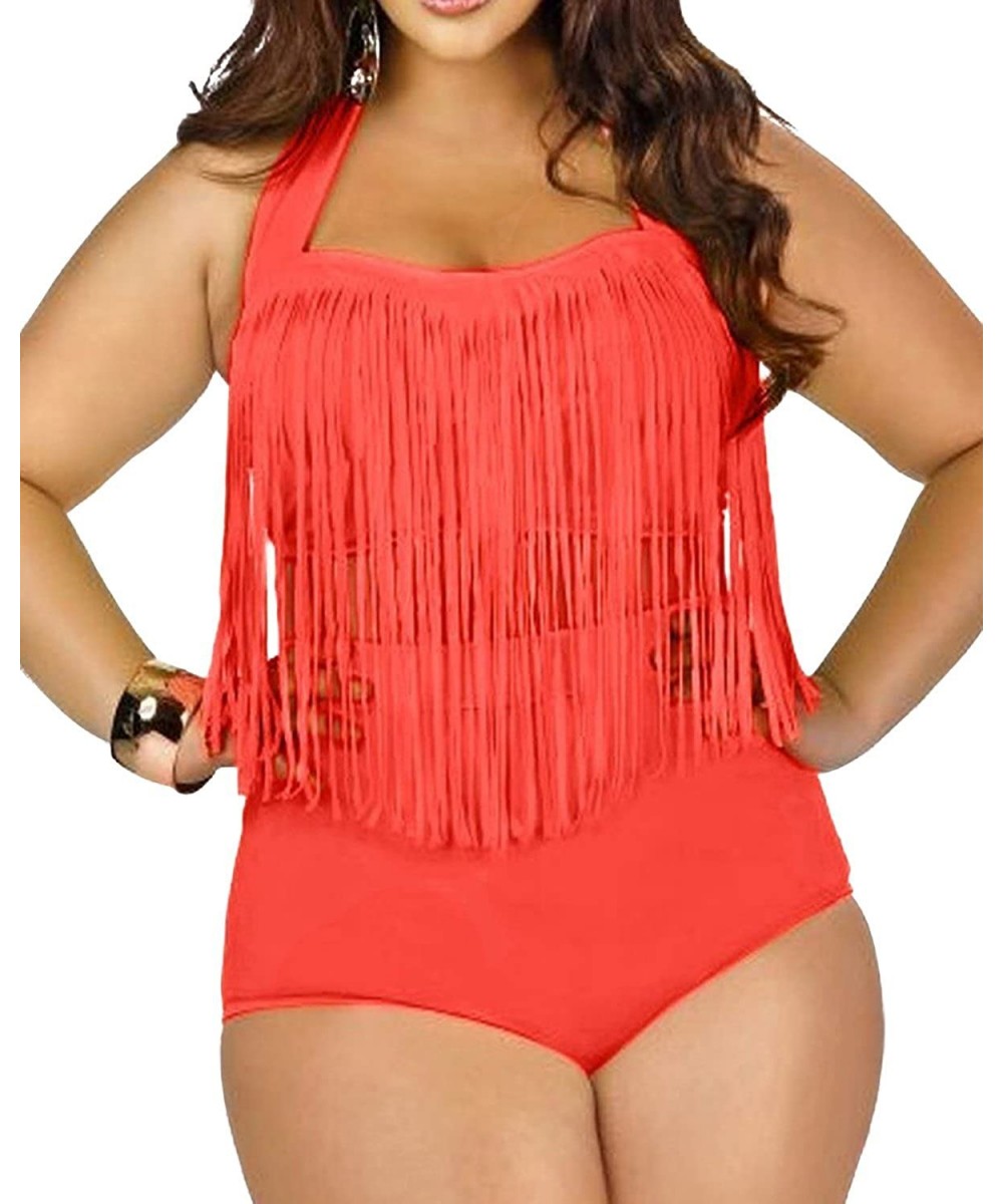 Sets Women's Plus Size Swimwear 2 Pcs High Waist Bikini Bathing Suit for Women - Orange - C3180QT3U84