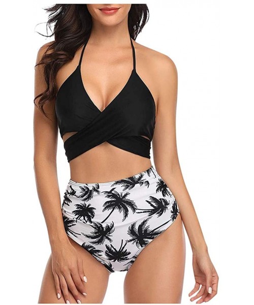 Sets Women Floral High Waisted Bikini Set Swimsuit Halter Bandage Wrap Push-Up Ruched High Waist Swimwear - Black Leaf - C819...