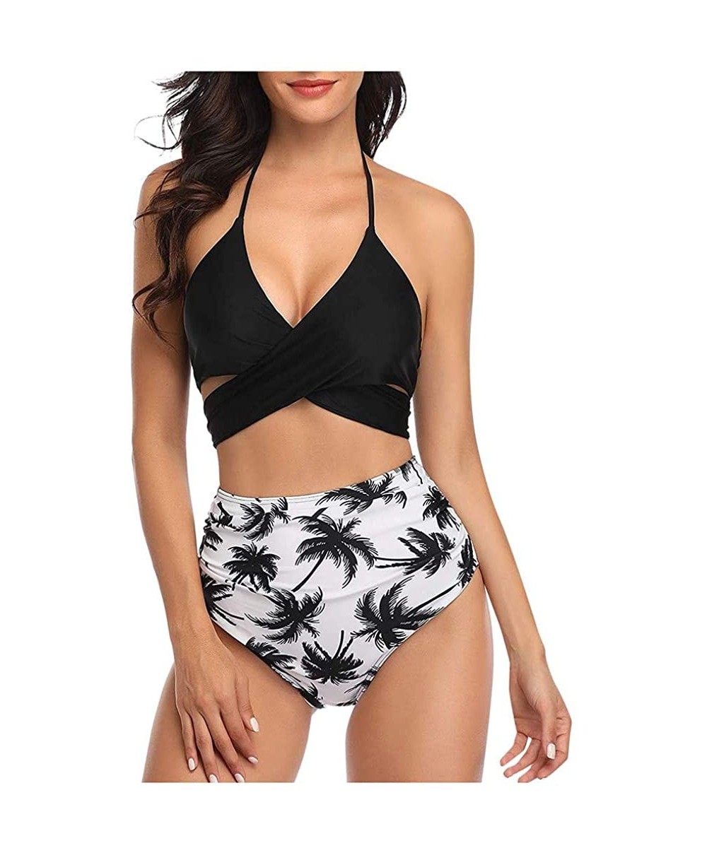 Sets Women Floral High Waisted Bikini Set Swimsuit Halter Bandage Wrap Push-Up Ruched High Waist Swimwear - Black Leaf - C819...