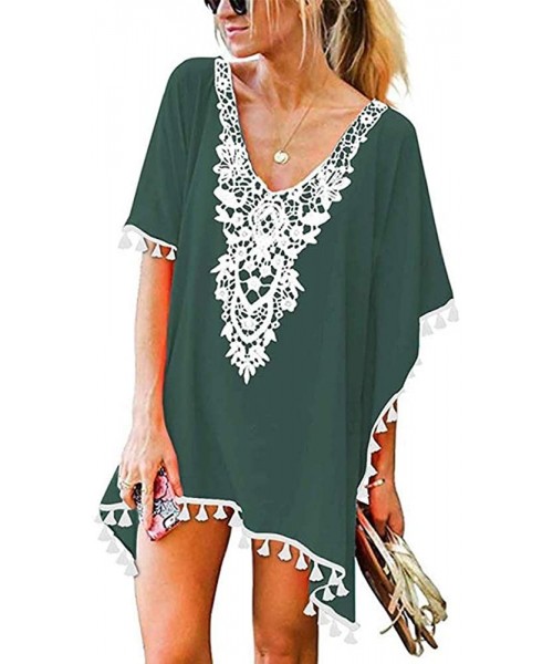 Cover-Ups Women Swimwear Dress Cover Up V Neck Bikini with Tassel - Dark Green - C5193MWIQ5S