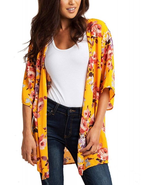 Cover-Ups Womens Summer Casual Sheer Chiffon Kimono Loose Fit Cardigan Capes Blouse Top - C- Yellow - CX18STK9WDN