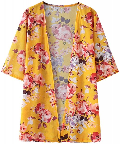 Cover-Ups Womens Summer Casual Sheer Chiffon Kimono Loose Fit Cardigan Capes Blouse Top - C- Yellow - CX18STK9WDN