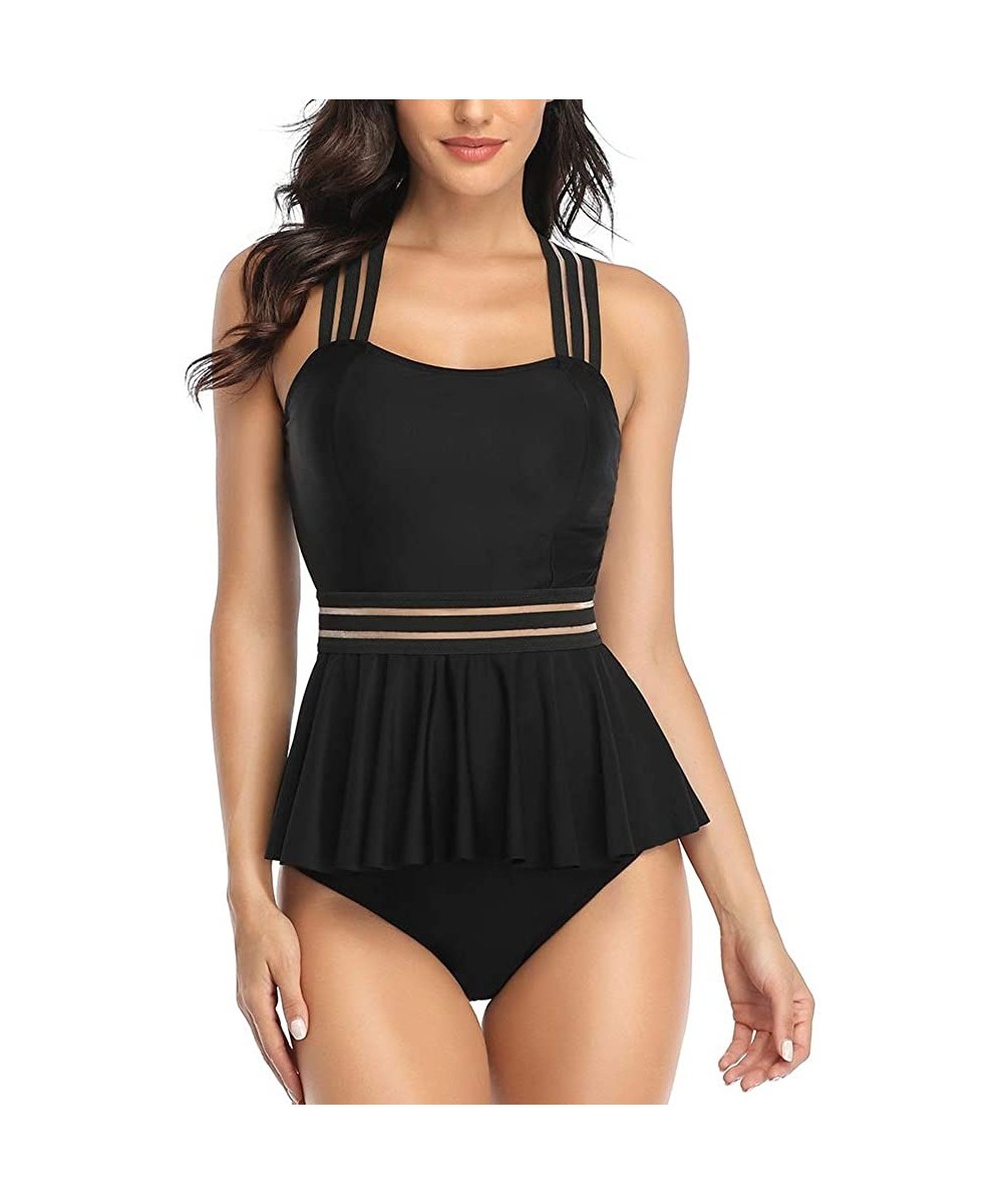 Sets Women's Tummy Control Swimwear Tankini Set Ruffled Swimsuit Swimdress Two Piece Bathing Suit - Black - CU194LN4NZU