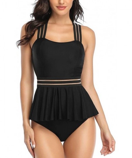 Sets Women's Tummy Control Swimwear Tankini Set Ruffled Swimsuit Swimdress Two Piece Bathing Suit - Black - CU194LN4NZU