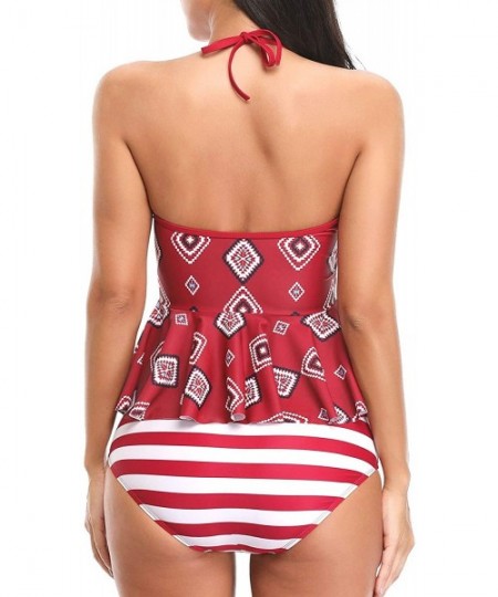 Cover-Ups Tankini Swimsuits for Women with Shorts Athletic Two Piece Bathing Suits Racerback Tank Tops Swimwear Red Geometric...