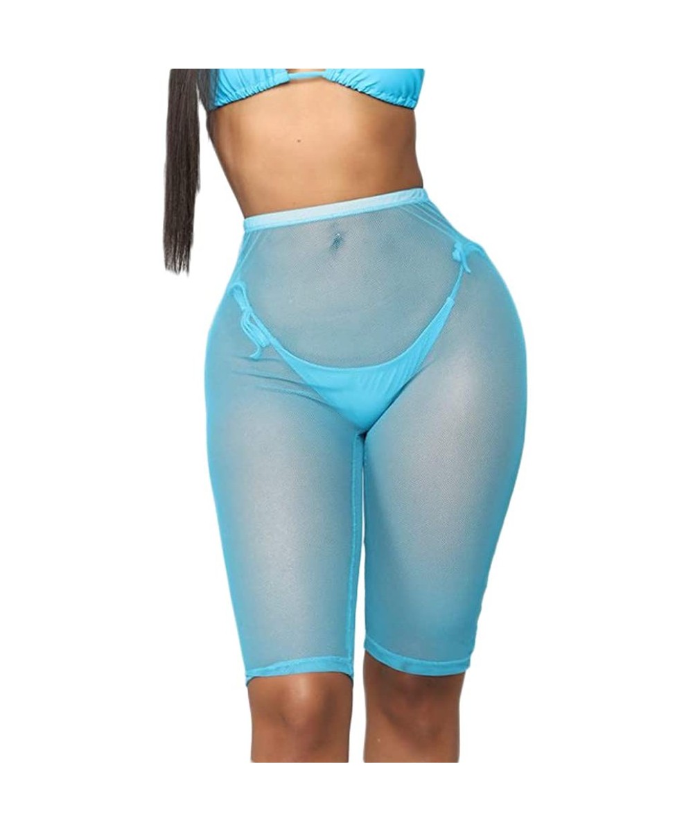 Cover-Ups Womens Swimsuit Bottom Cover Up Pants Perspective Sheer Mesh See Through Pants - Blue - CN18QR83T6Q