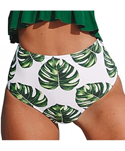 Tankinis Women's Retro High Waisted Bikini Bottom Ruched Shirred Swim Brief Short Tankinis - Green Leaves2 - CY18X4MWKCO