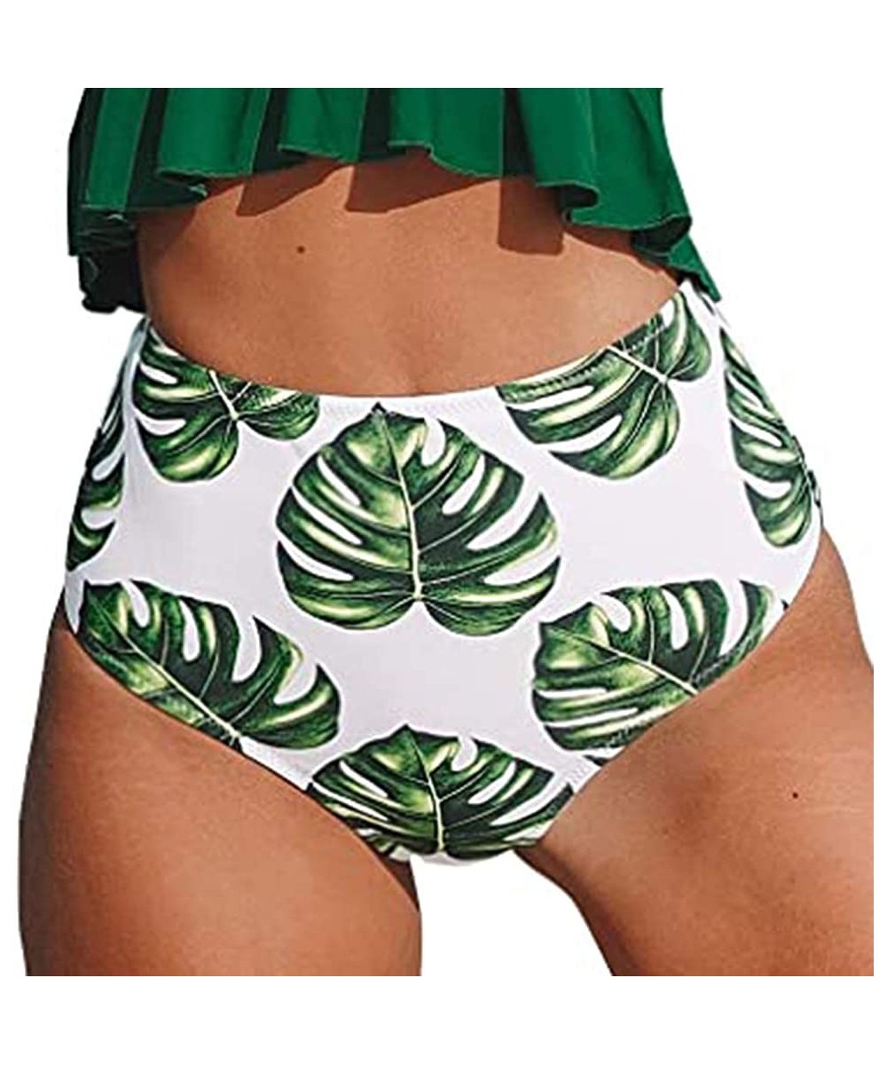 Tankinis Women's Retro High Waisted Bikini Bottom Ruched Shirred Swim Brief Short Tankinis - Green Leaves2 - CY18X4MWKCO