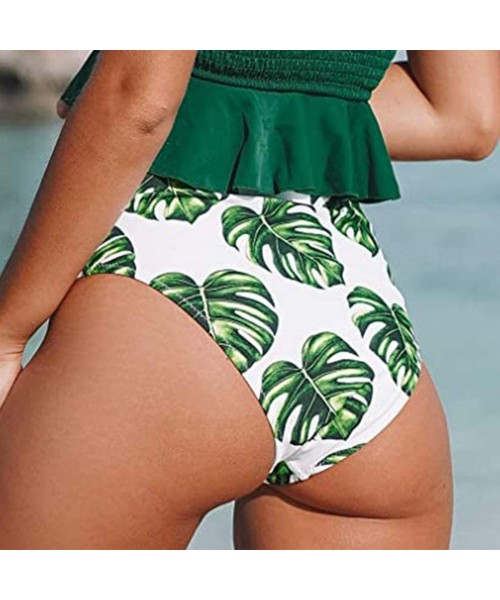 Tankinis Women's Retro High Waisted Bikini Bottom Ruched Shirred Swim Brief Short Tankinis - Green Leaves2 - CY18X4MWKCO