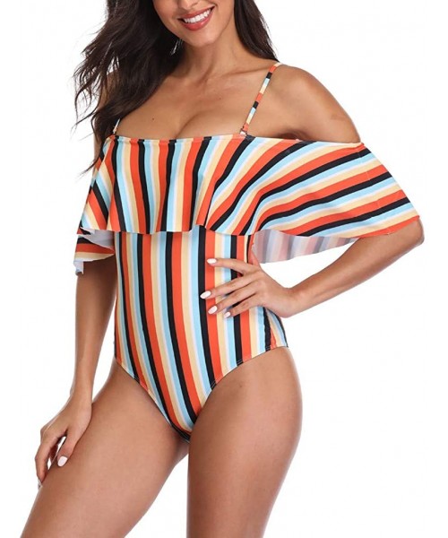 Tankinis Teen Girls Floral Printed One Piece Monokini Bathing Suits V Neck Ruffles Bikini Set Swimwear - 01 Orange - CC196R3ASU2