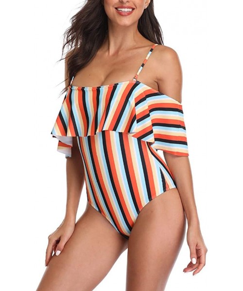 Tankinis Teen Girls Floral Printed One Piece Monokini Bathing Suits V Neck Ruffles Bikini Set Swimwear - 01 Orange - CC196R3ASU2