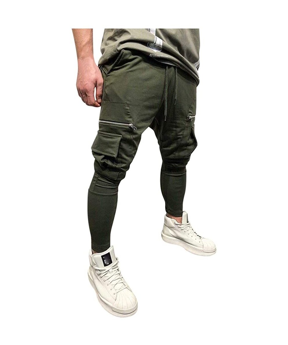 Board Shorts Joggers for Men 2019 New Slim Fit Cargo Pants Casual Workout Skinny Sweatpants with Zip Pockets - Army Green - C...