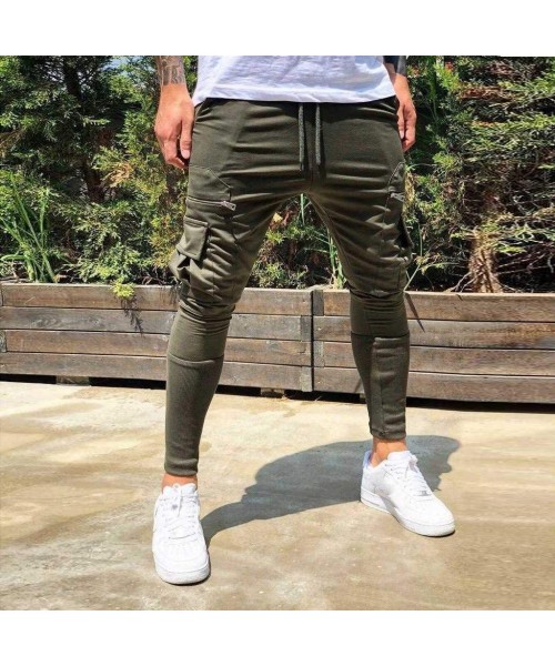 Board Shorts Joggers for Men 2019 New Slim Fit Cargo Pants Casual Workout Skinny Sweatpants with Zip Pockets - Army Green - C...