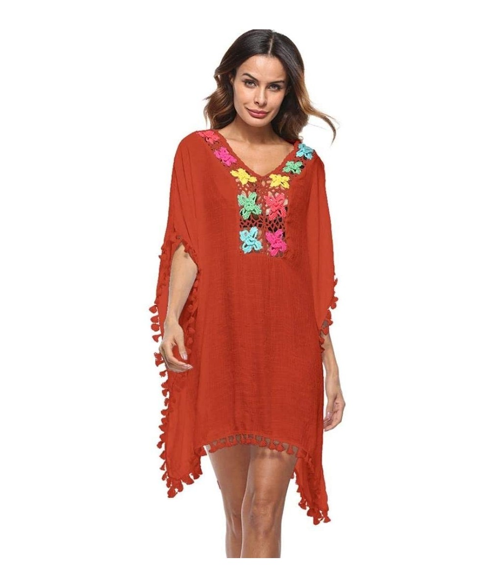 Cover-Ups Summer Women's Bathing Suit Cover Up Beach Bikini Swimsuit Swimwear Crochet Dress (Free Size- Orange) - Orange - CF...