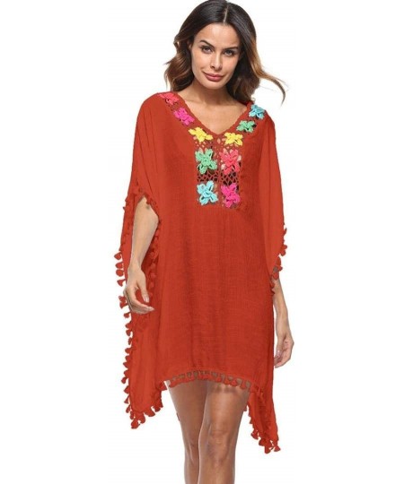 Cover-Ups Summer Women's Bathing Suit Cover Up Beach Bikini Swimsuit Swimwear Crochet Dress (Free Size- Orange) - Orange - CF...