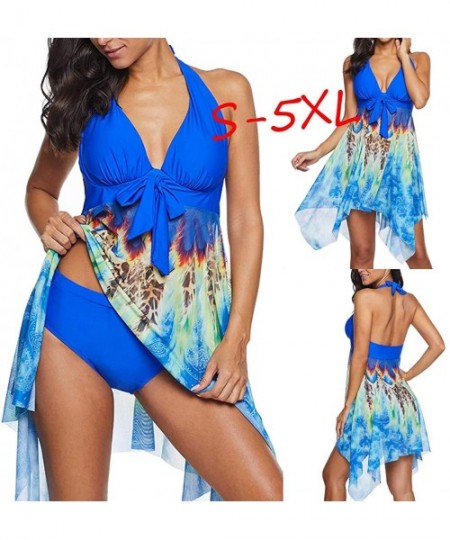 Cover-Ups Women Swimsuit Two Piece Tankini Mesh Swimdress Floral Printed with Briefs Bathing Suits - Blue - CU194XSZ69O