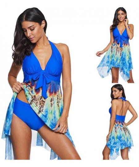 Cover-Ups Women Swimsuit Two Piece Tankini Mesh Swimdress Floral Printed with Briefs Bathing Suits - Blue - CU194XSZ69O