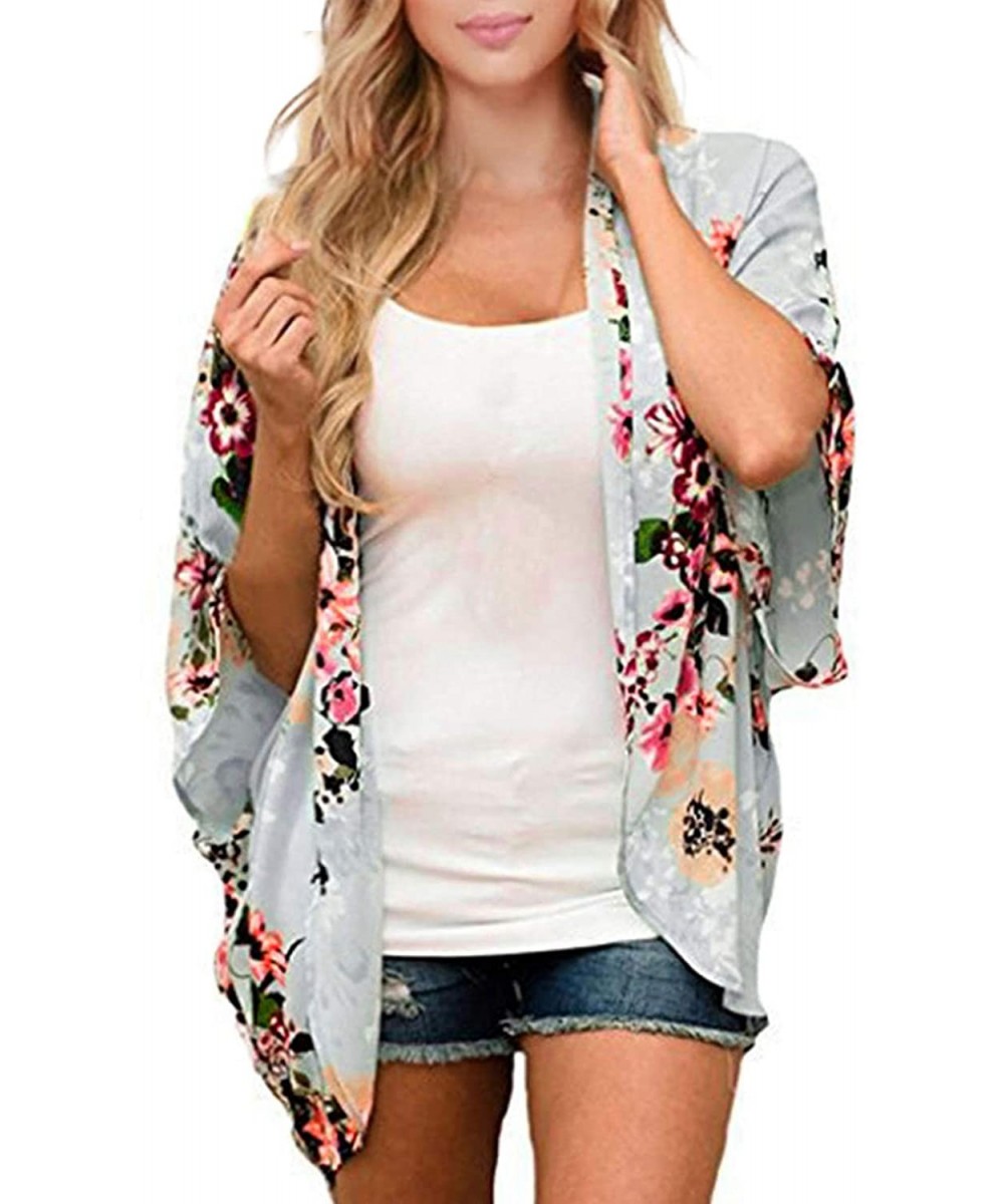 Cover-Ups Women's Floral Kimono Cardigan Casual Loose Open Front Beach Cover Up Blouses Tops - Light Green - C7194A7W5ZG