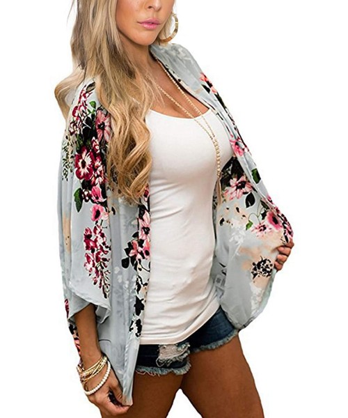 Cover-Ups Women's Floral Kimono Cardigan Casual Loose Open Front Beach Cover Up Blouses Tops - Light Green - C7194A7W5ZG