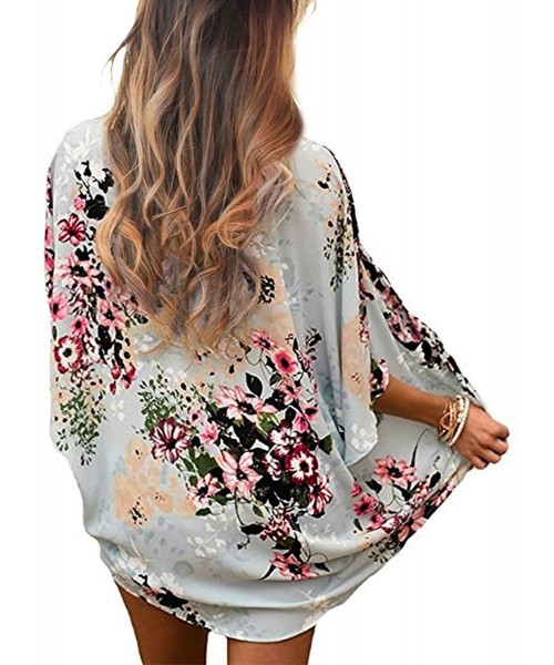 Cover-Ups Women's Floral Kimono Cardigan Casual Loose Open Front Beach Cover Up Blouses Tops - Light Green - C7194A7W5ZG