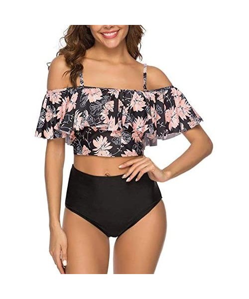 Racing Womens High Waisted Bikini Swimsuit Retro Ruffled Top Tummy Control Two Piece Tankini Bathing Suits A light Pink Flowe...