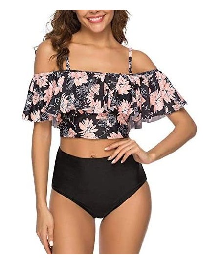 Racing Womens High Waisted Bikini Swimsuit Retro Ruffled Top Tummy Control Two Piece Tankini Bathing Suits A light Pink Flowe...