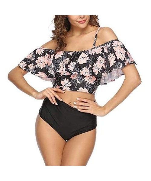 Racing Womens High Waisted Bikini Swimsuit Retro Ruffled Top Tummy Control Two Piece Tankini Bathing Suits A light Pink Flowe...